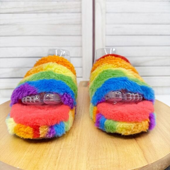 Ugg Fluff Yeah Faux Fur Rainbow Cali Collage Slide Sandals 6 Big Kid 8 Women - Picture 4 of 9
